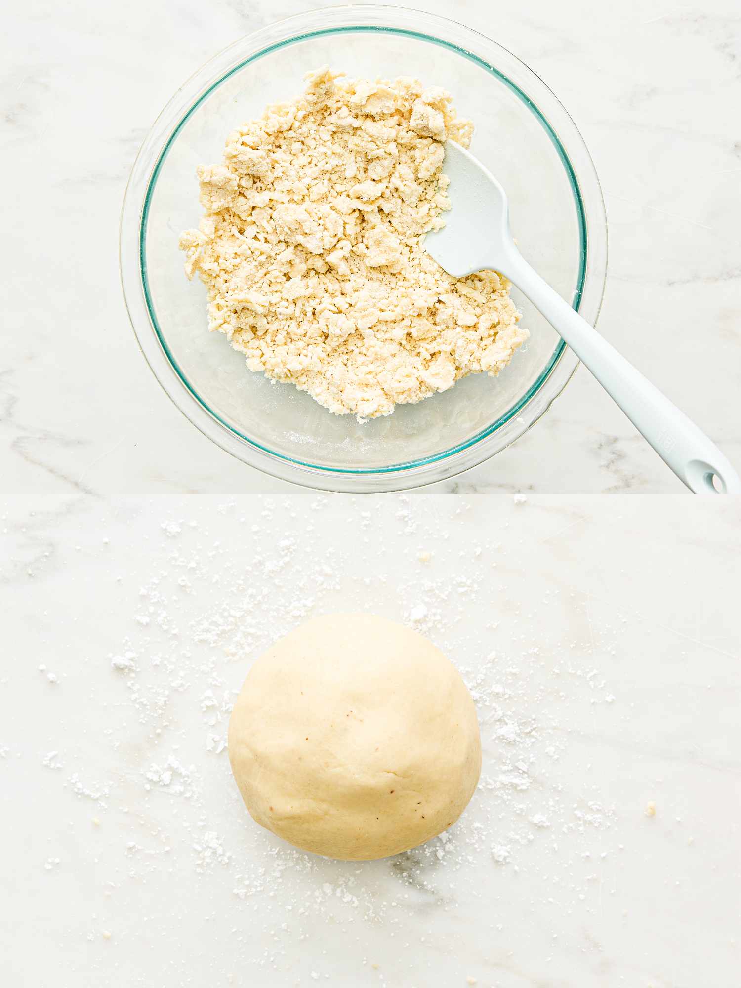 Two steps of a baking process a bowl with mixed ingredients and a spatula on top and a dough ball on a floured surface below