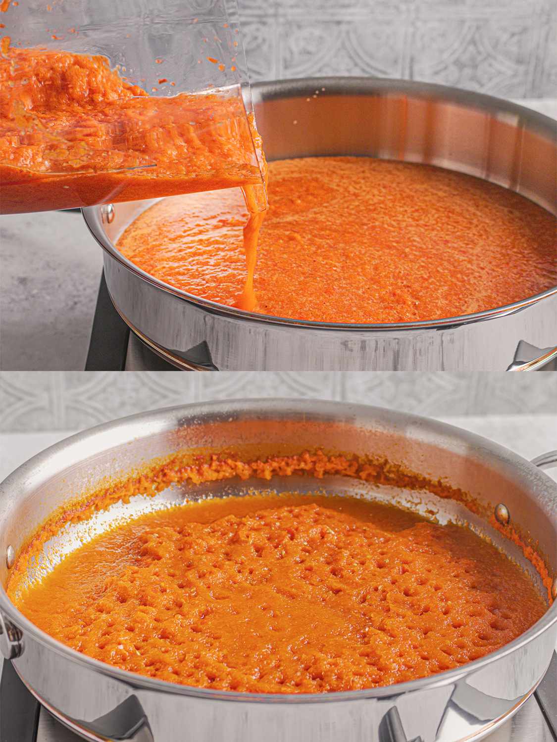 Two image collage. Top: The puréed stew base being poured into a saucepan. Bottom: The stew base reduced by half in the saucepan