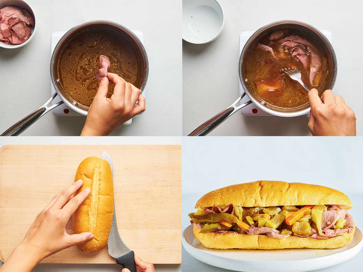 A four-image collage. The top left image shows a hand dipping a slice of roast beef into the liquid inside the saucepan. The top right image shows a hand with a fork stirring beef roast inside of the liquid inside the saucepan. The bottom left image shows a roll, now unwrapped and positioned vertically on a cutting board, being sliced open with a knife. The bottom right image shows the meat stuffed into the roll and topped with giardiniera and roasted peppers.