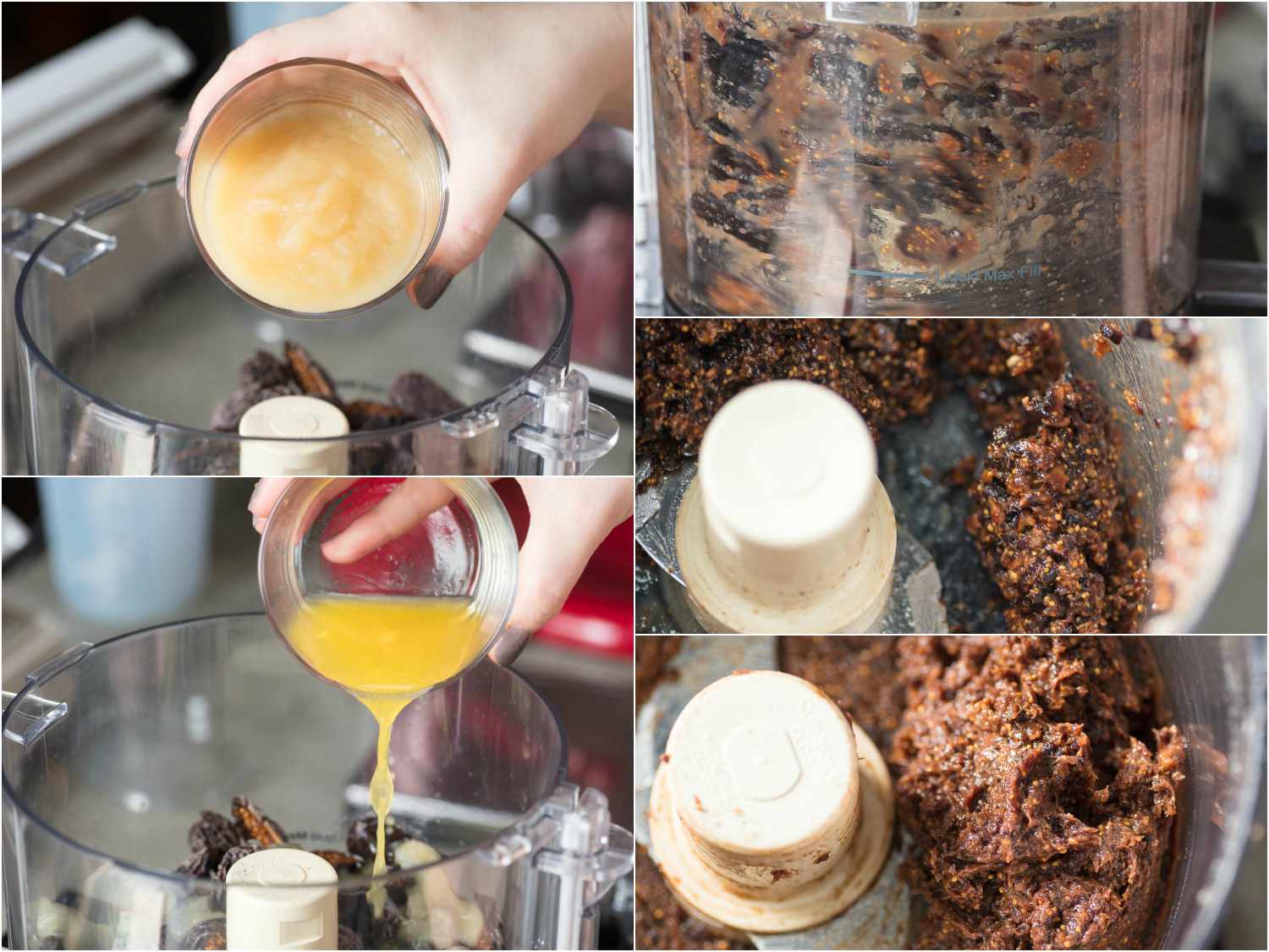 A 4-image collage of making the fig jam filling for homemade fig newtons: adding apple sauce and orange juice to a food processor containing fig preserves and blending the mixture until smooth.
