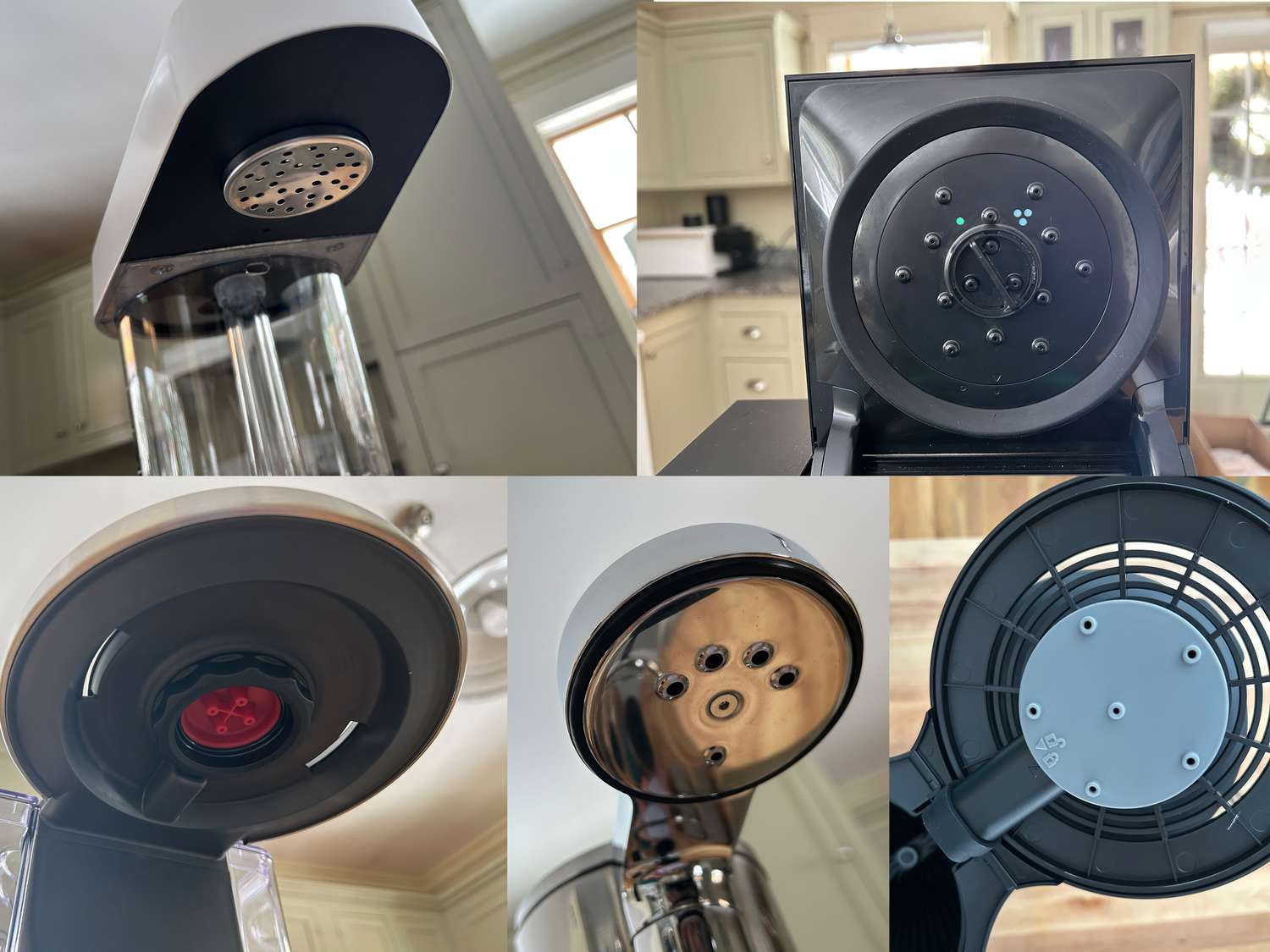 A collage of five different types of drip coffee maker showerheads.