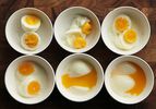 Overhead comparison shot of eggs cooked sous vide at different temperatures