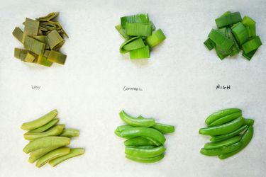 Leeks and Green Beans cooked with different PH balances, labeled Low, Control, and High on parchment paper 