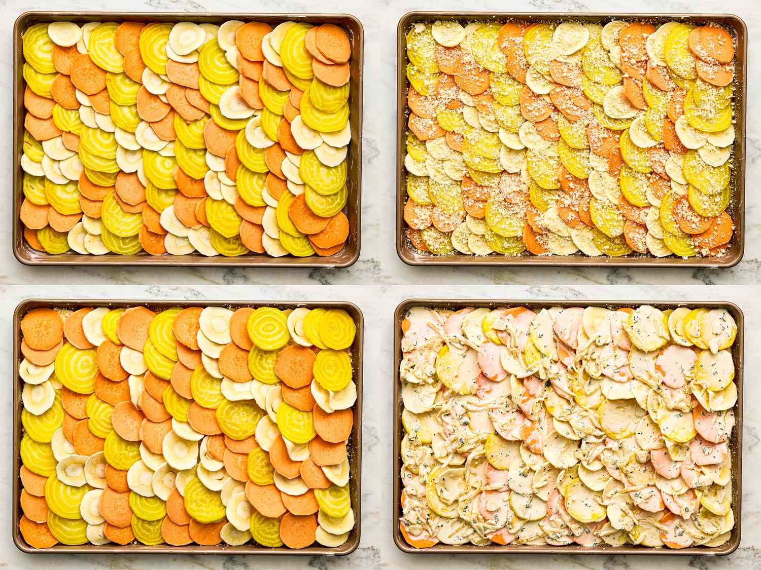 Preparation steps of a root vegetable gratin on sheet pans showcasing layered arrangements of sliced vegetables