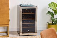 Compact wine refrigerator with glass door, bottles inside, glasses on top, wooden cabinet and indoor potted plant nearby