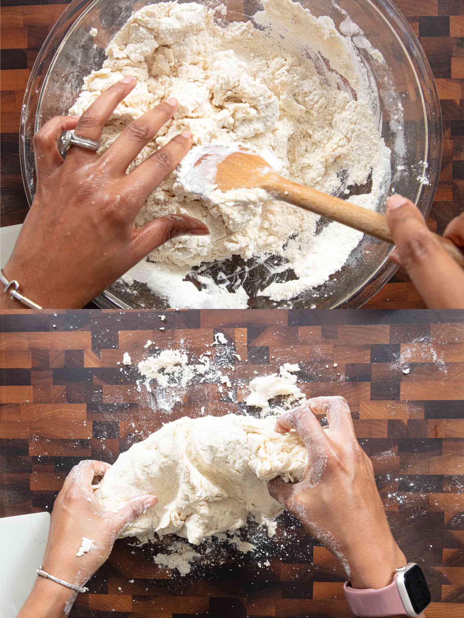 2 image collage. Top: Hand and wooden spoon mixing together dough in glass bowl on wooden chopping block. Bottom: Hands forming dough on floured chopping block to form a ball shape 