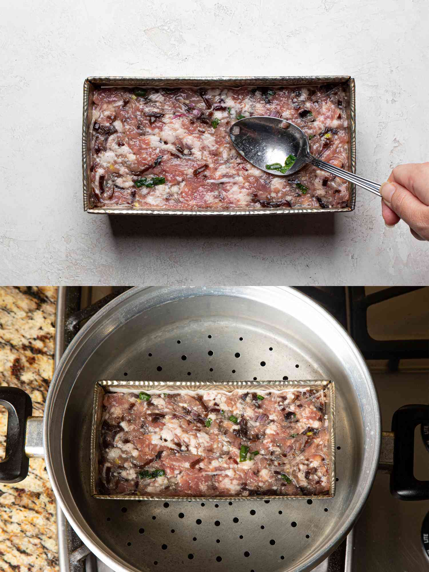 Overhead view of meatloaf being flattened and placed into a steamer