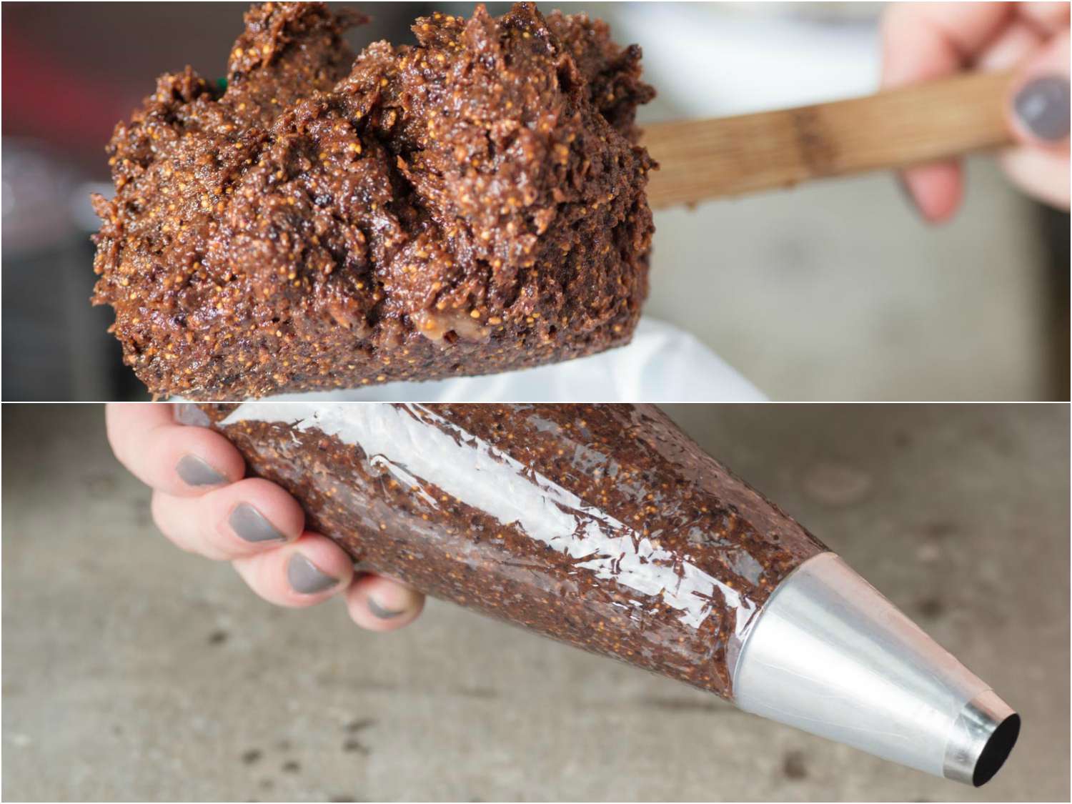 A 2-image collage: transferring fig jam to a large pastry bag fitted with a half-inch round tip.