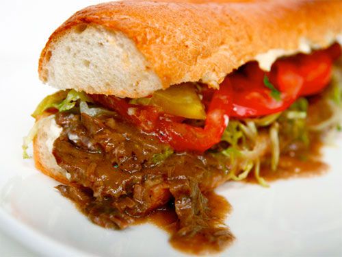 Closeup of the finish po'boy, ready to serve.