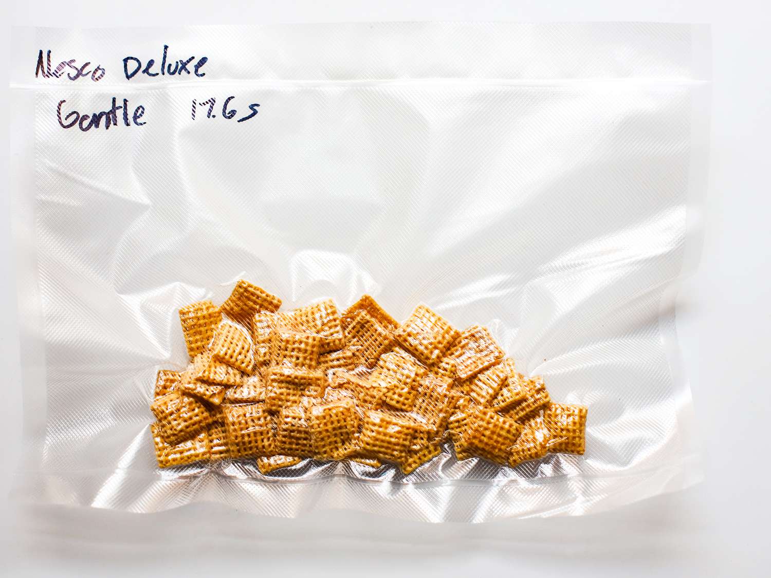 Bag of Chex cereal that has been sealed with a vacuum sealer on a gentle setting
