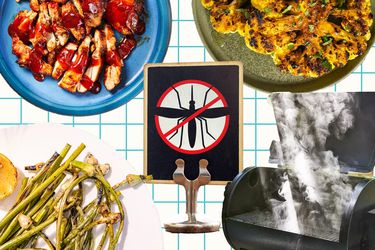 An image with BBQ chicken, cauliflower, garlic scapes, a grill, and a "no mosquitos" sign