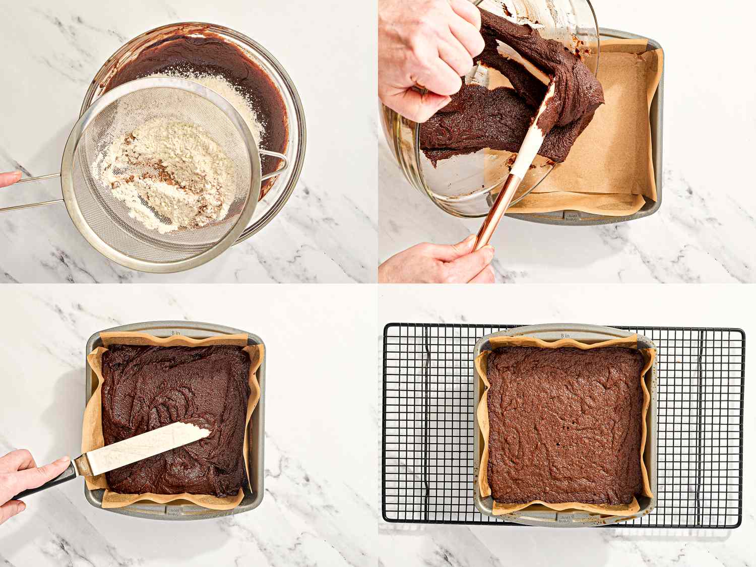 Steps in the preparation of tripledecker peanut butter brownies showing ingredients being mixed batter spread in a pan and the baked product