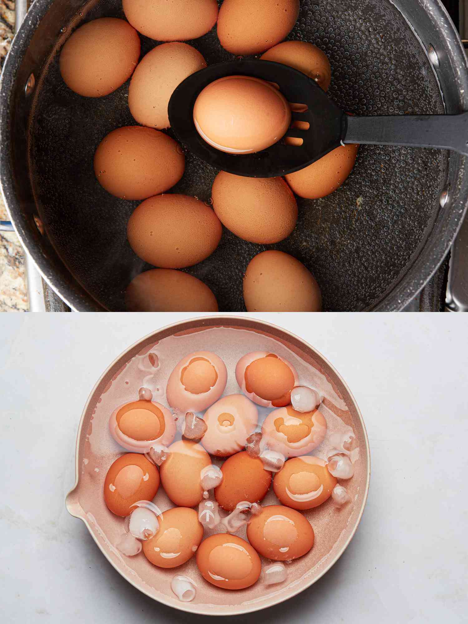 2 image collage. Top: placing eggs into hot water with slotted spoon. Bottom: Eggs in an ice bath 