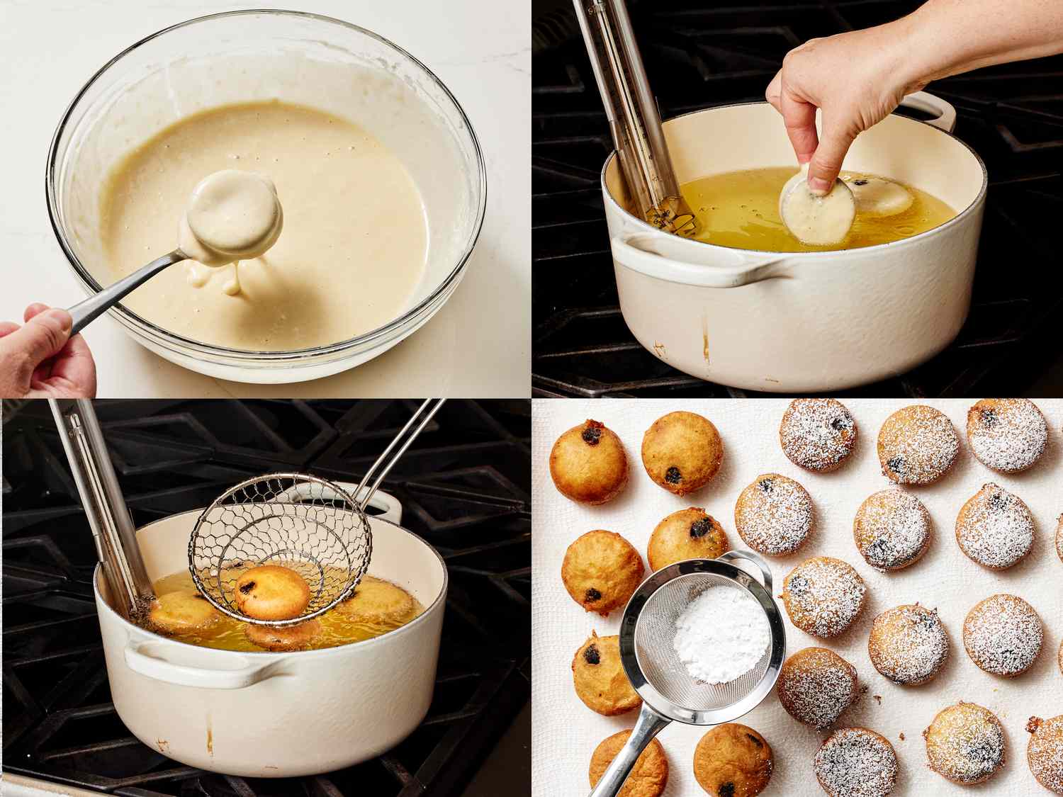 4 image collage. Top Left: dipping frozen cookie into batter in a glass bowl. Top right: dipping cookie into oil. Bottom Left: pulling cookies out of dutch oven. Bottom Right: cookies on a paper towel lined sheetpan, being dusted with powdered sugar