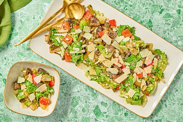 Overhead of sheet pan roasted vegggies caesar salad