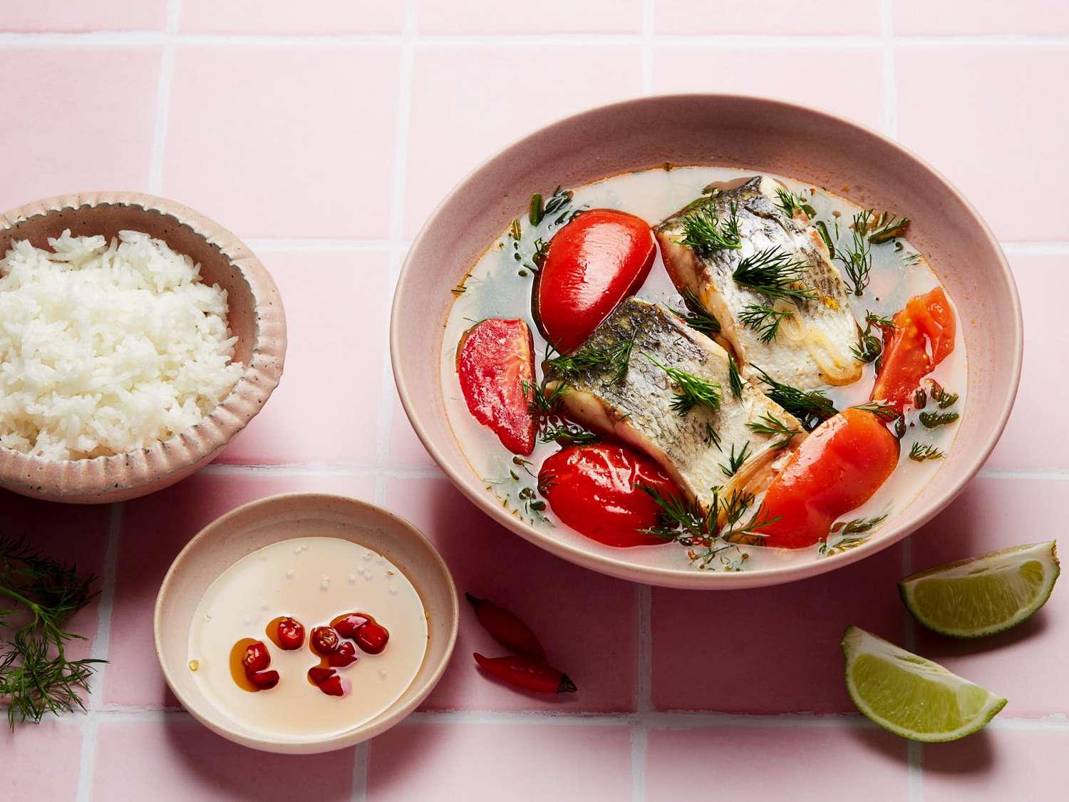 Side angle view of finished soup with garnishes and rice