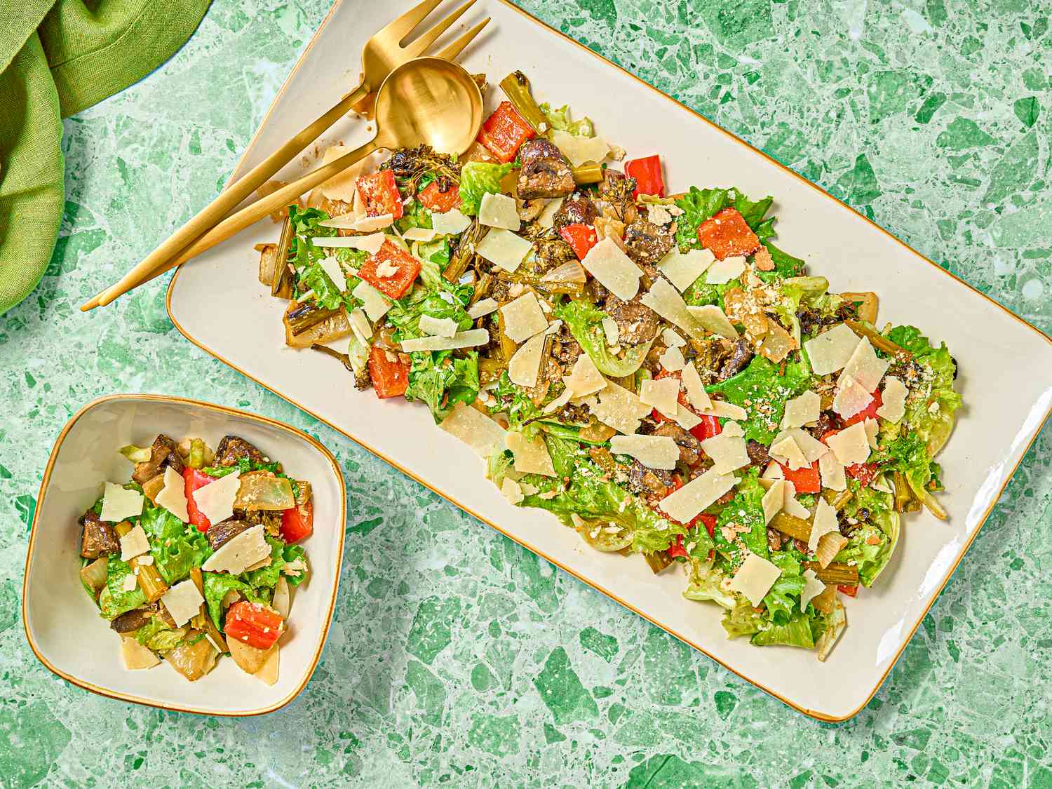 Overhead of sheet pan roasted vegggies caesar salad