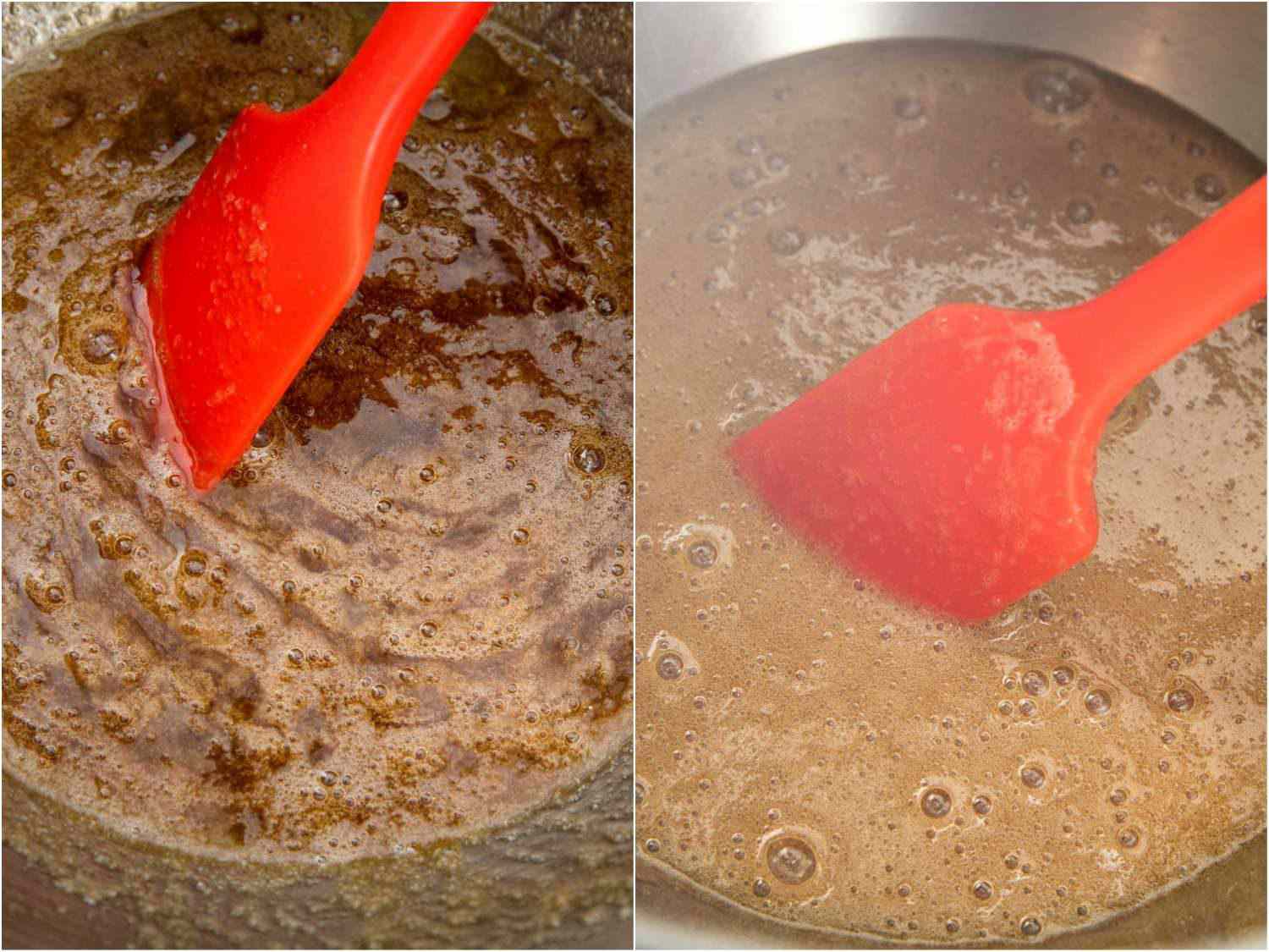 A split photo of making a brown sugar meringue with two different types of brown sugar, one darker and one lighter.