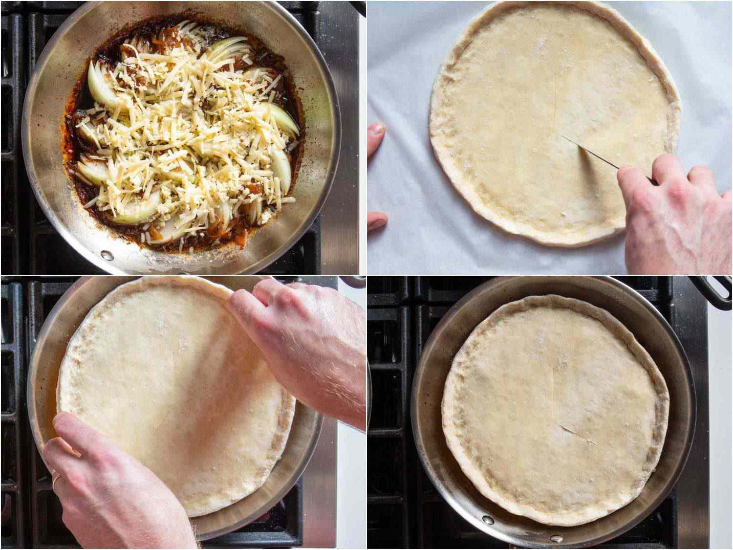 Photo collage of sprinkling cheese over the onions in the skillet, and topping with the round of pie dough before transferring the skillet to the oven.