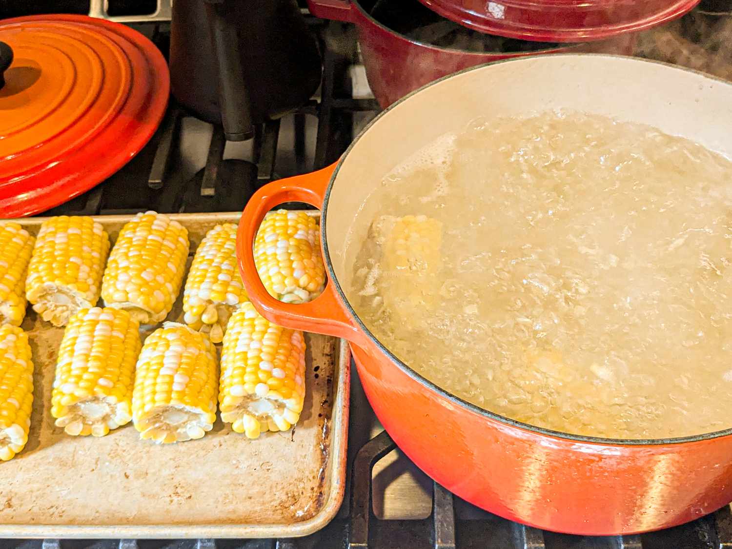 Overhead view of boiling corn