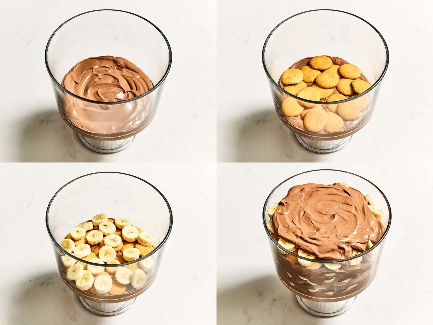 Four-step process of assembling a chocolate banana pudding dessert in a glass