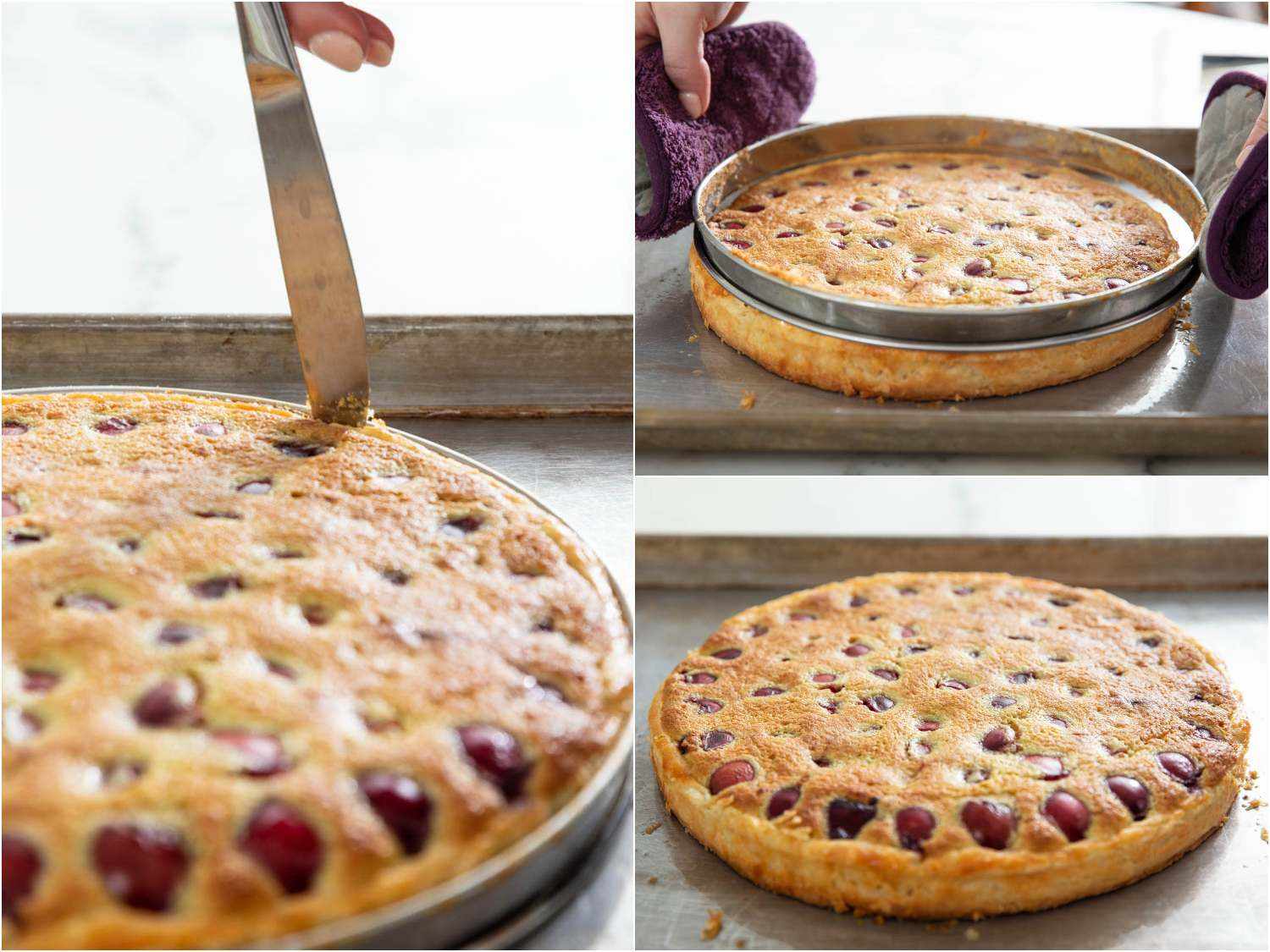 loosening the tart ring with a butter knife and removing it from the tart