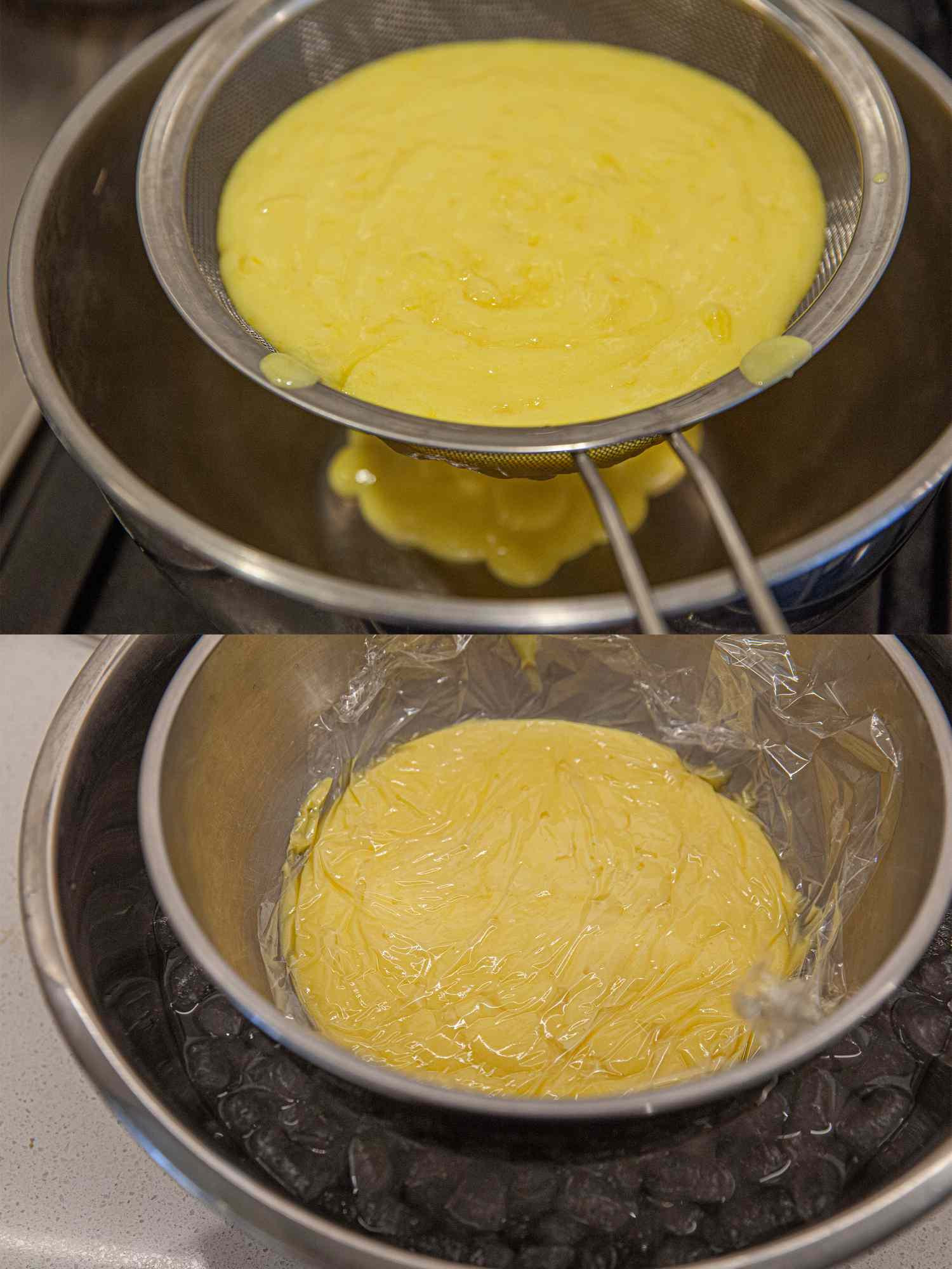 Two image collage of straining lemon curd and covering with plastic in ice bath