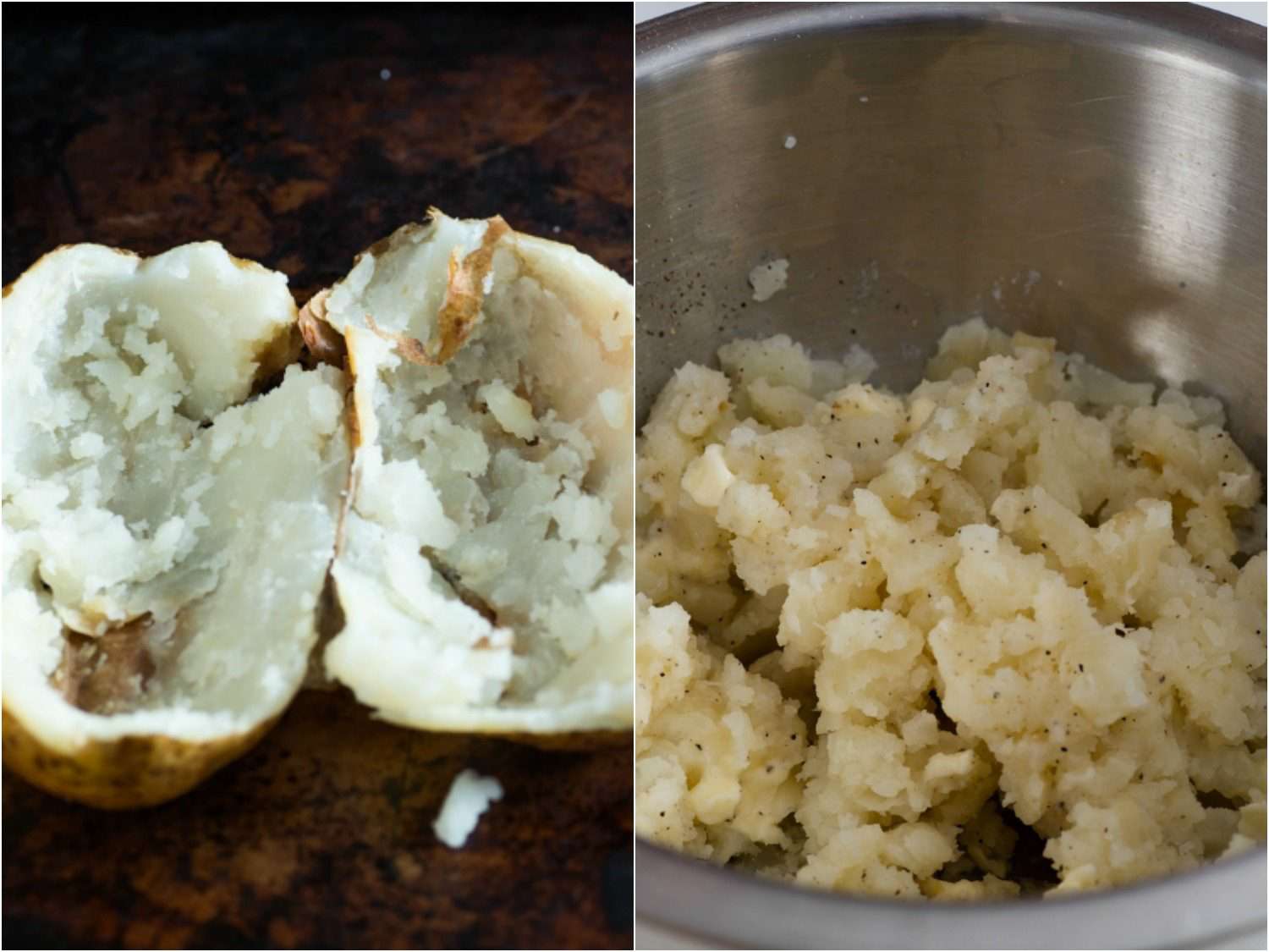 Split image showing halved baked potato and metal bowl with mashed potato in it.