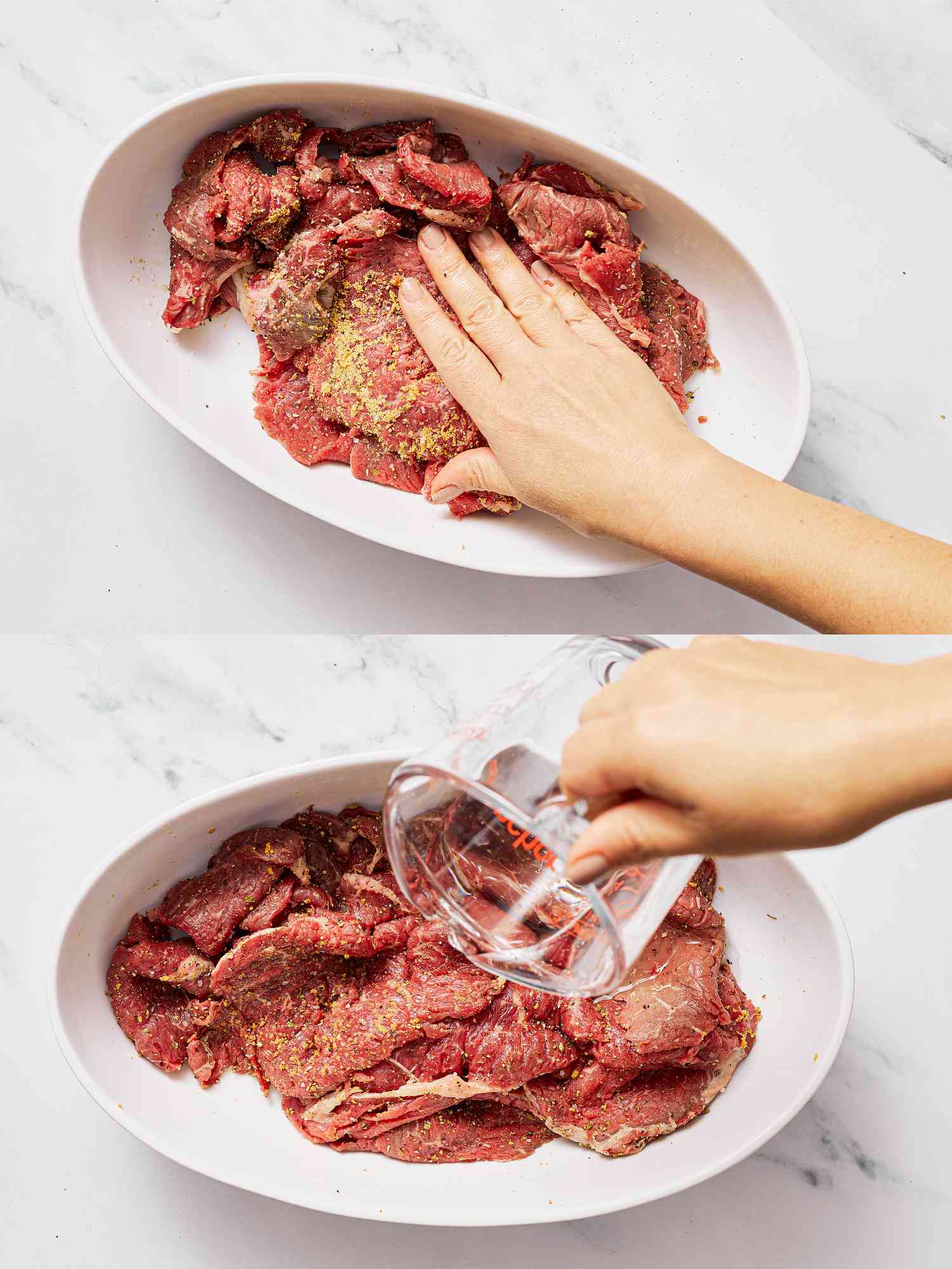 Two steps in preparing marinated meat, sprinkling seasoning and pouring liquid into a dish of sliced raw beef