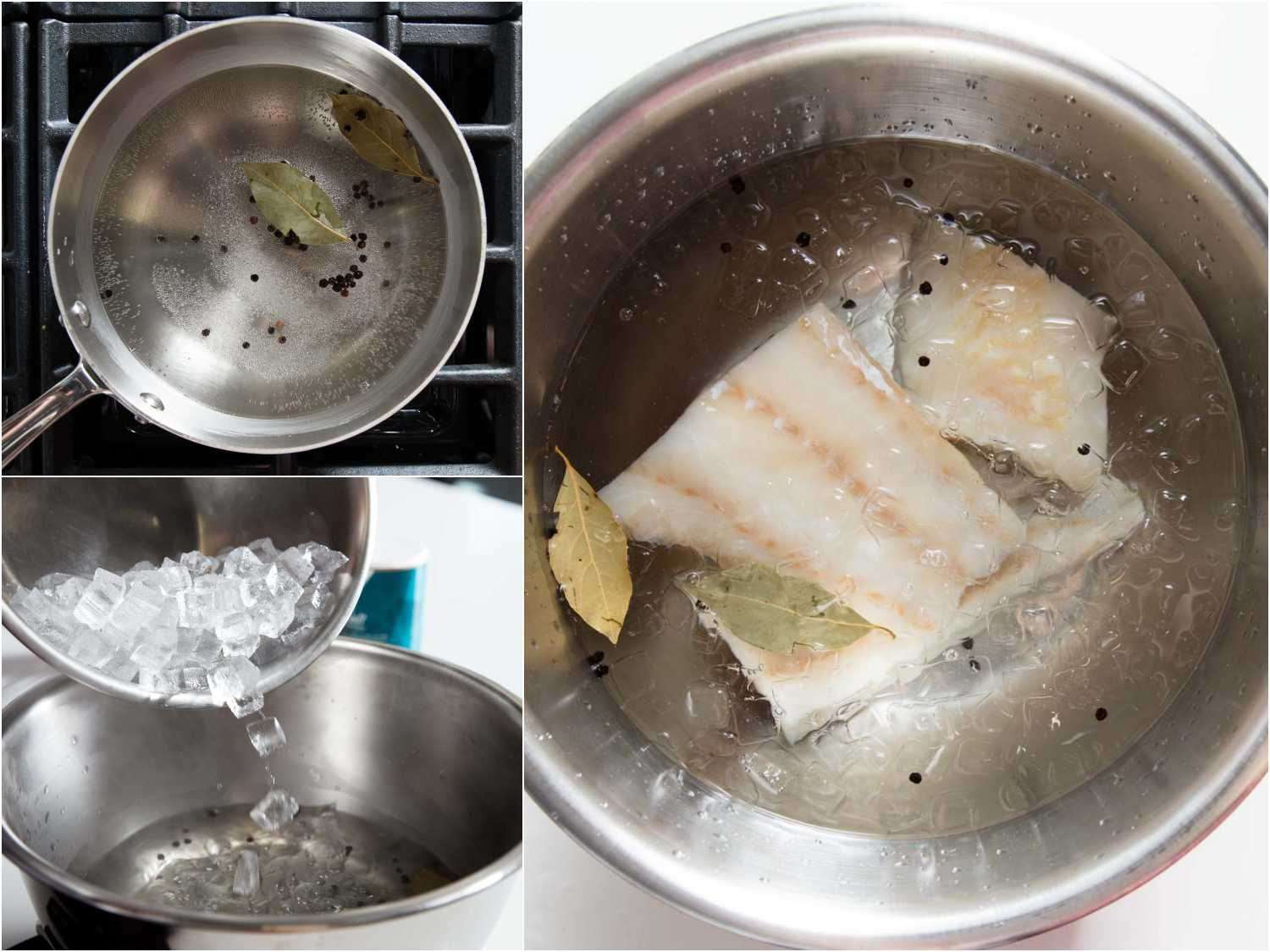 A collage of photos for brining fish: adding aromatic bay leaves and peppercorns to stainless skillet with water, adding ice, adding fish.