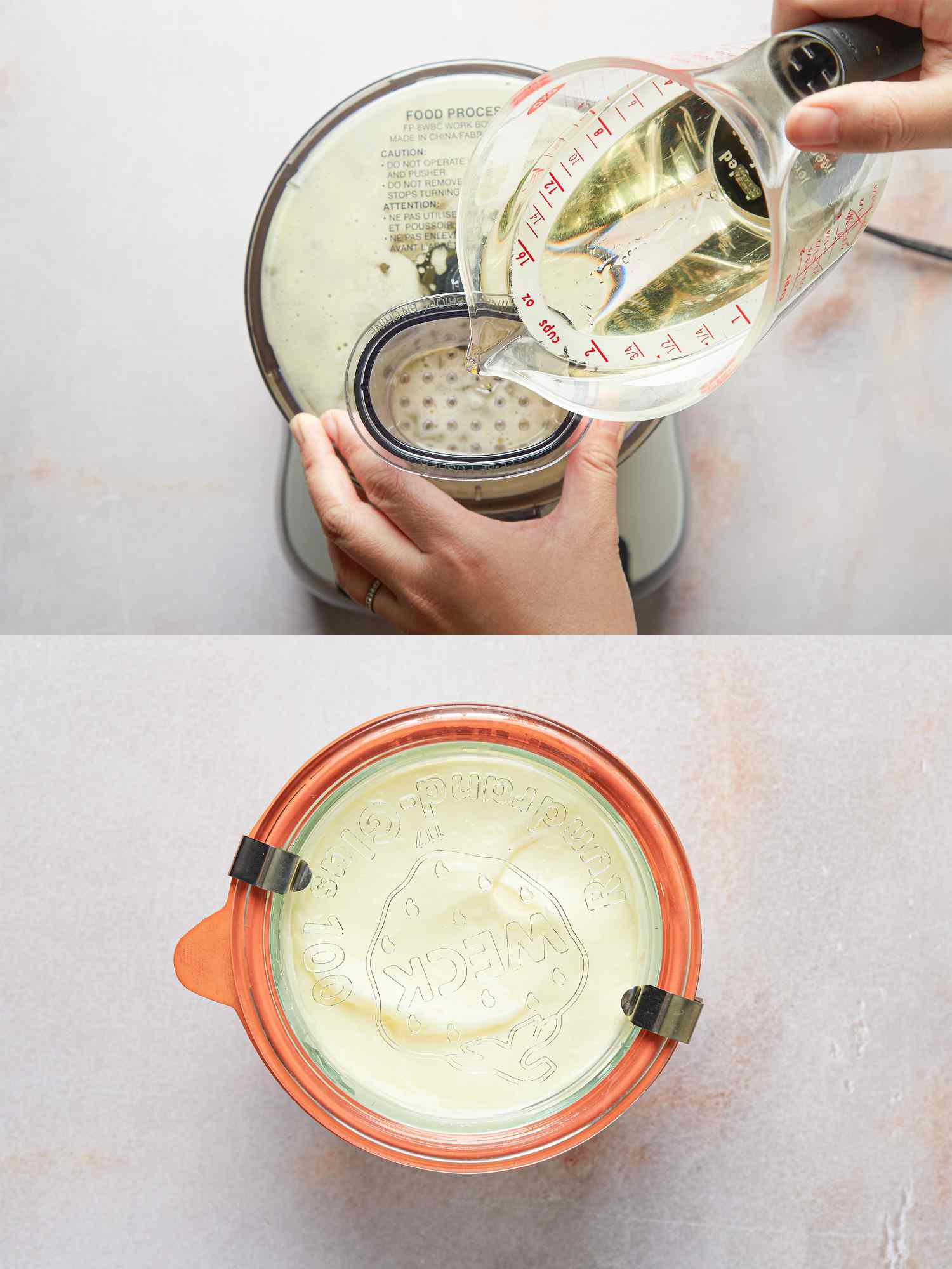 Two image collage of creating aioli