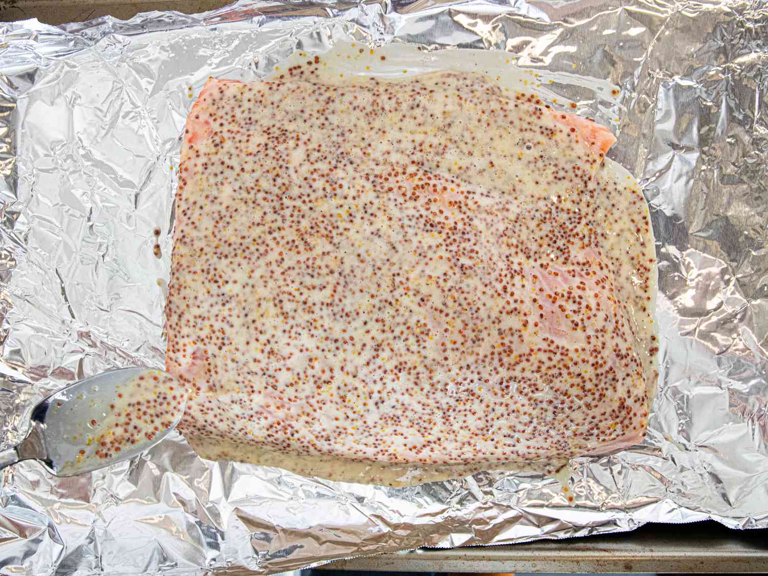 Overhead view of honey mustard cover salmon