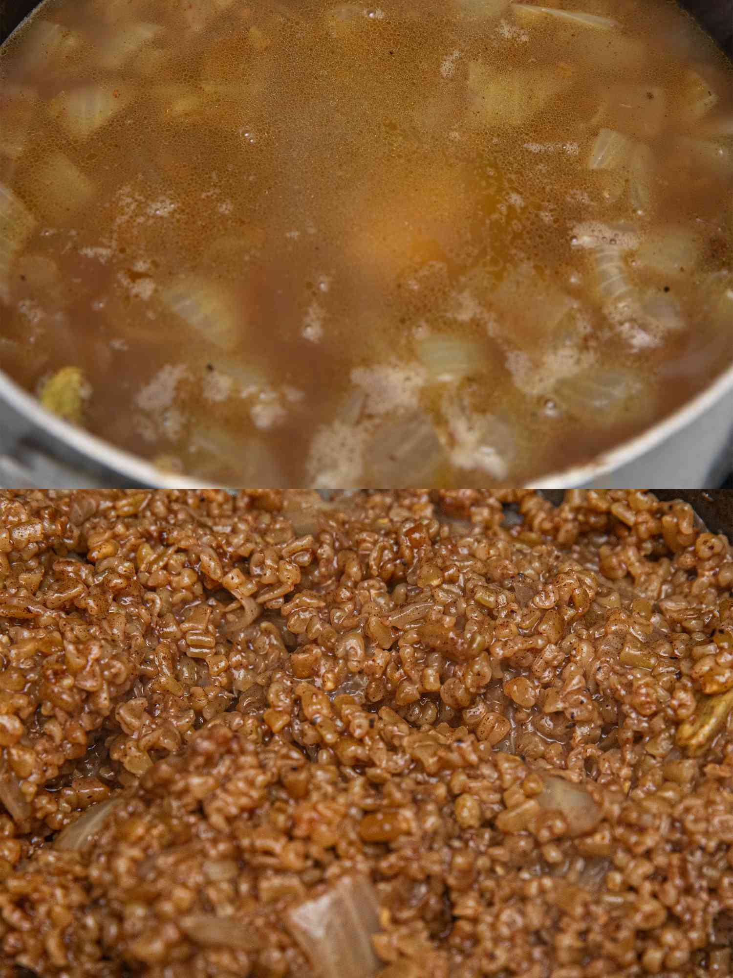 Overhead view of freekeh with broth and cooked freeken