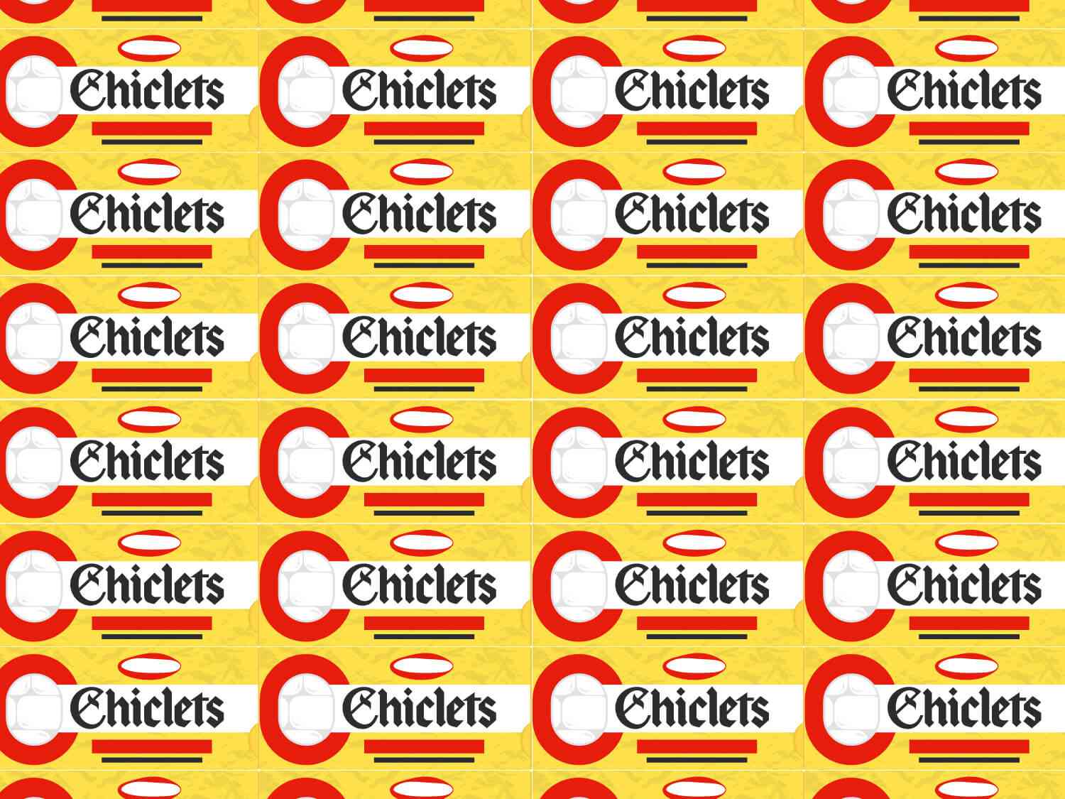 Red and yellow Chiclet gum labels lined up next to one another.