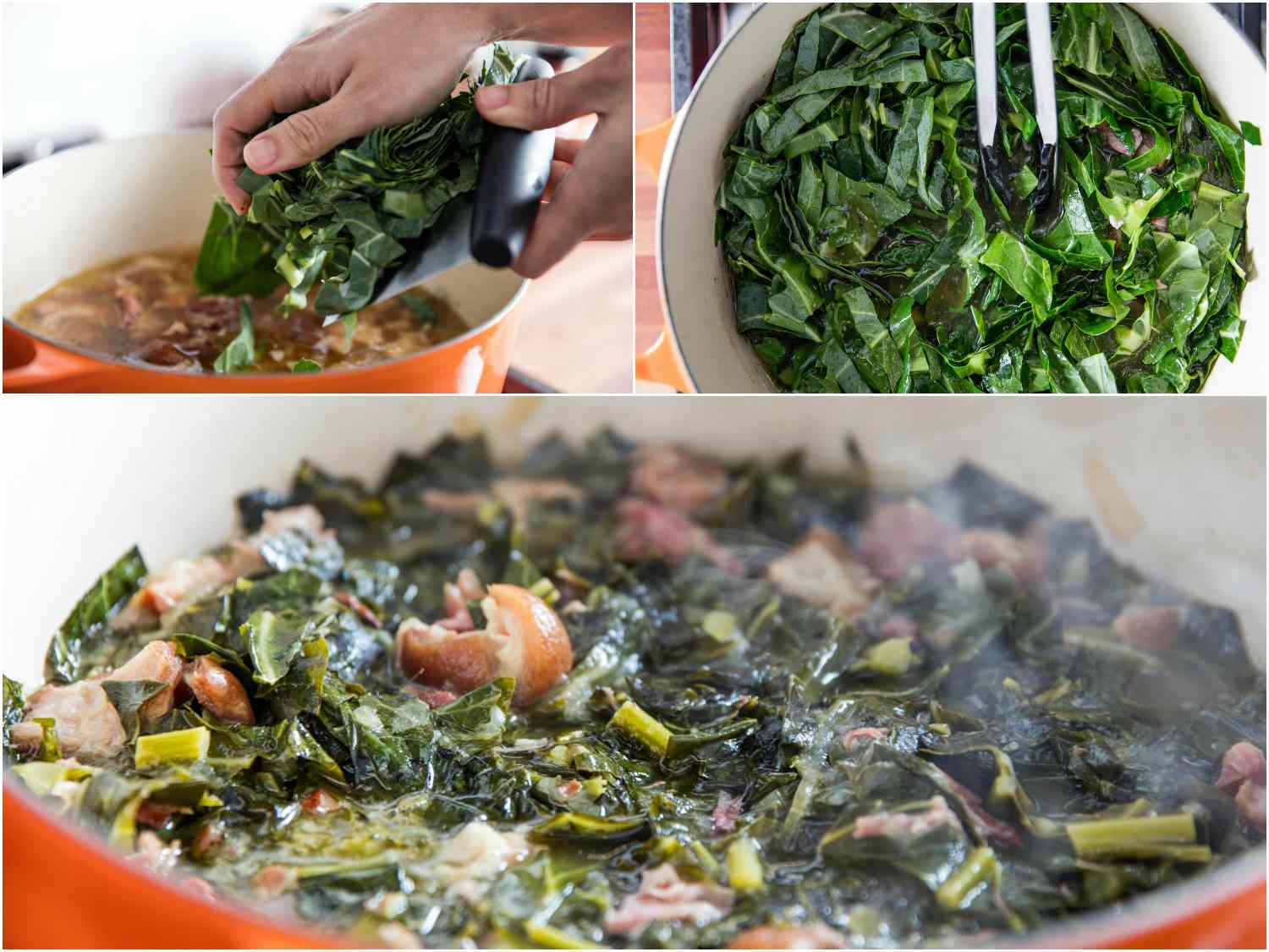 A three collage image. The top left shows chopped collard greens being added to the chicken broth mixture in a Dutch oven. The top right shows tongs stirring and submerging the collard greens in the broth mixture. The bottom image shows the broth mixture and the greens simmering together in a Dutch oven. 