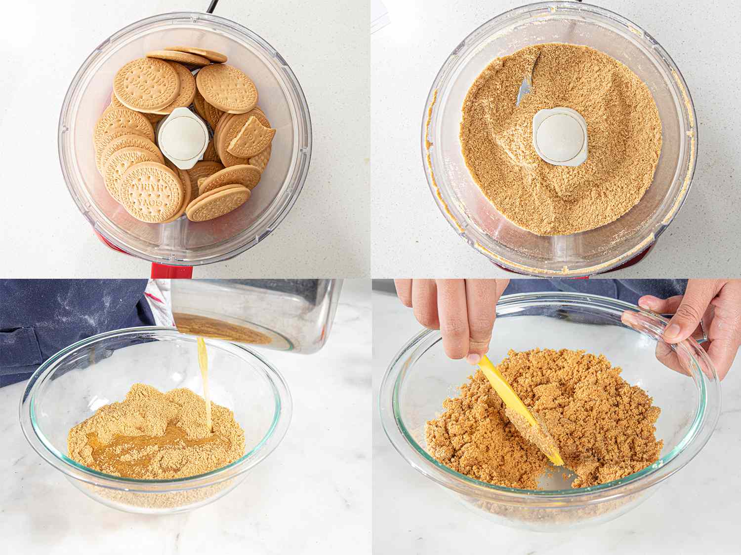 Four Image collage of Maria cookies being placed in a food processor, pulsed, added to a bowl with eggs and mixed into a crust