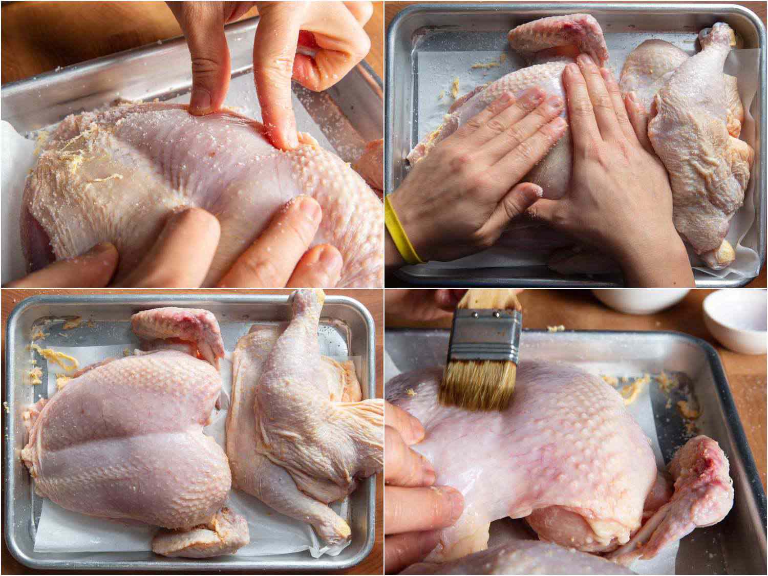 Collage of rubbing chicken with salt to smooth its surface and then brushing it with wine.