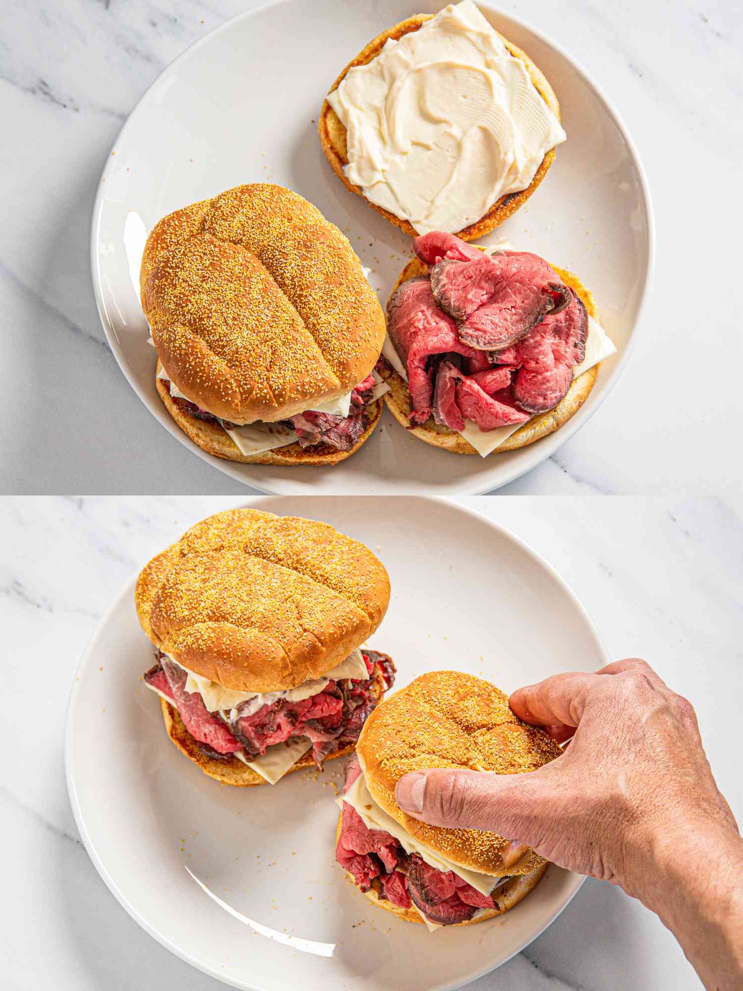 Overhead view of assembling roast beef sandwich