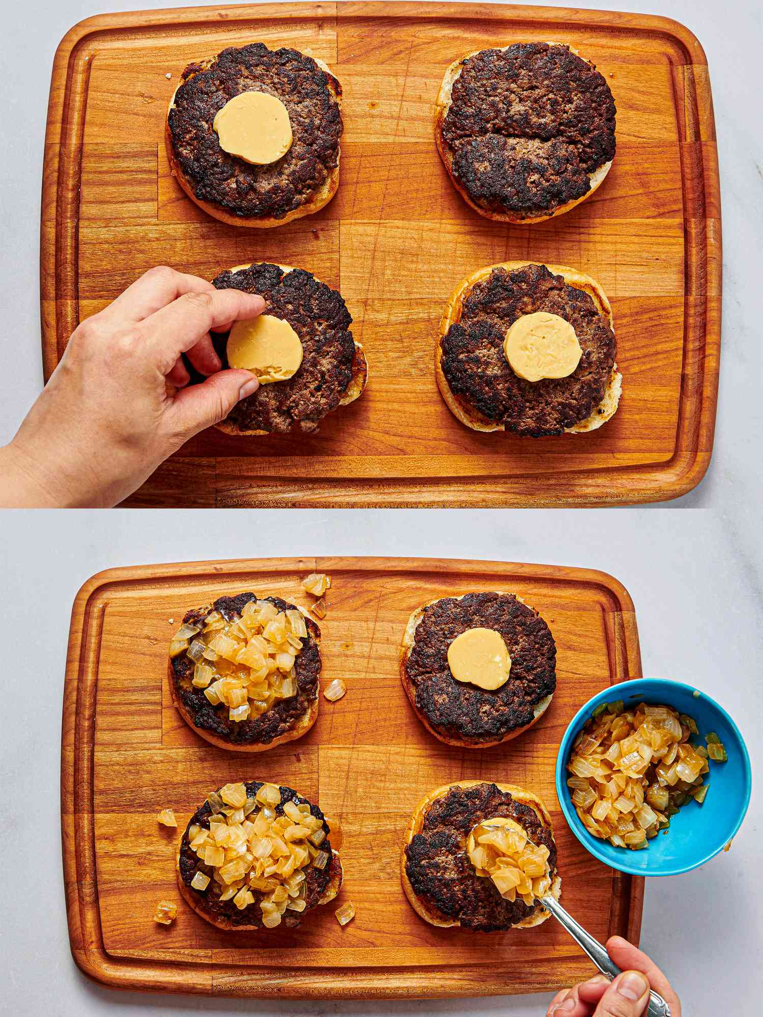 Two image collage of assembling burgers