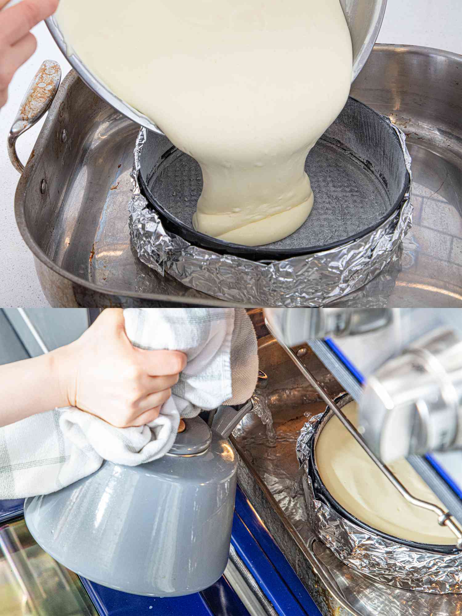 Two image collage of pouring batter and filling water bath