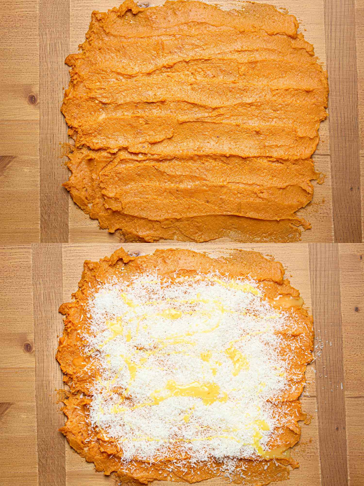 Sweet potato gnocchi preparation mashed sweet potatoes on a wooden surface with seasoning and cheese added