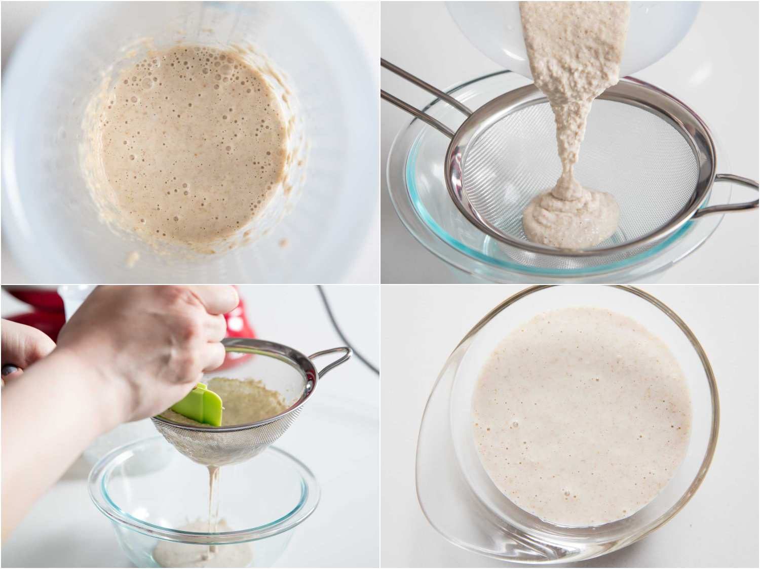 straining the pureed oats and water to create an egg slurry for the dough