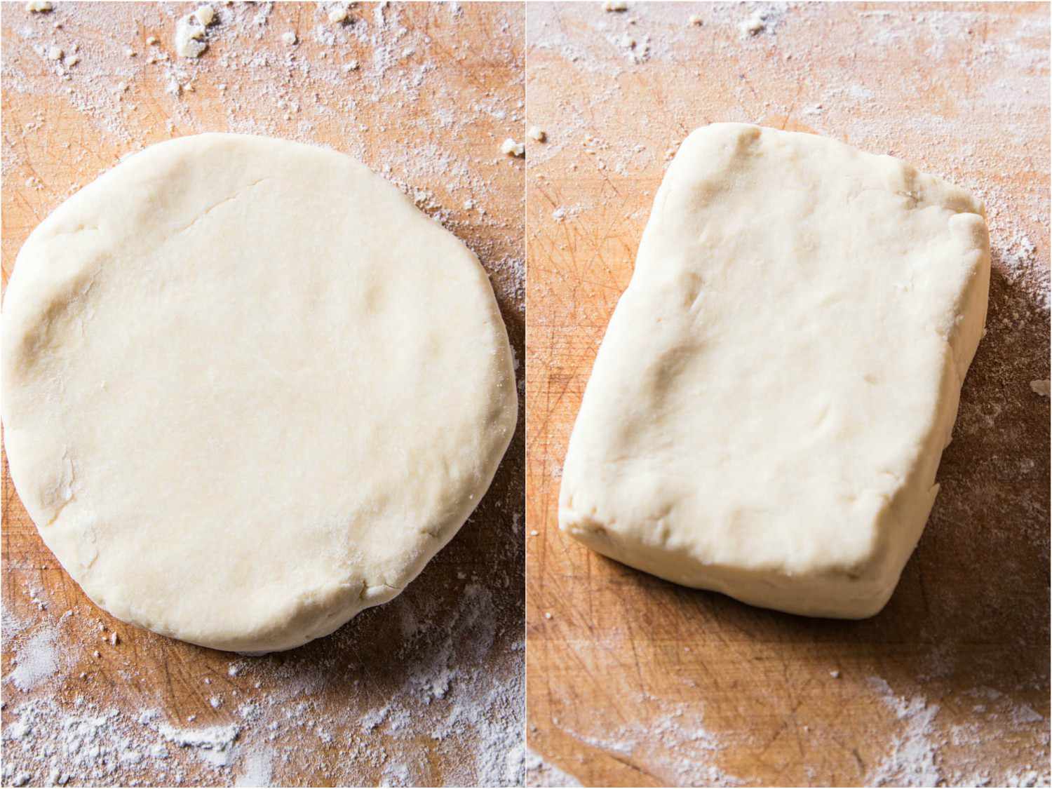 Two images of a disk and rectangular block of dough, respectively.