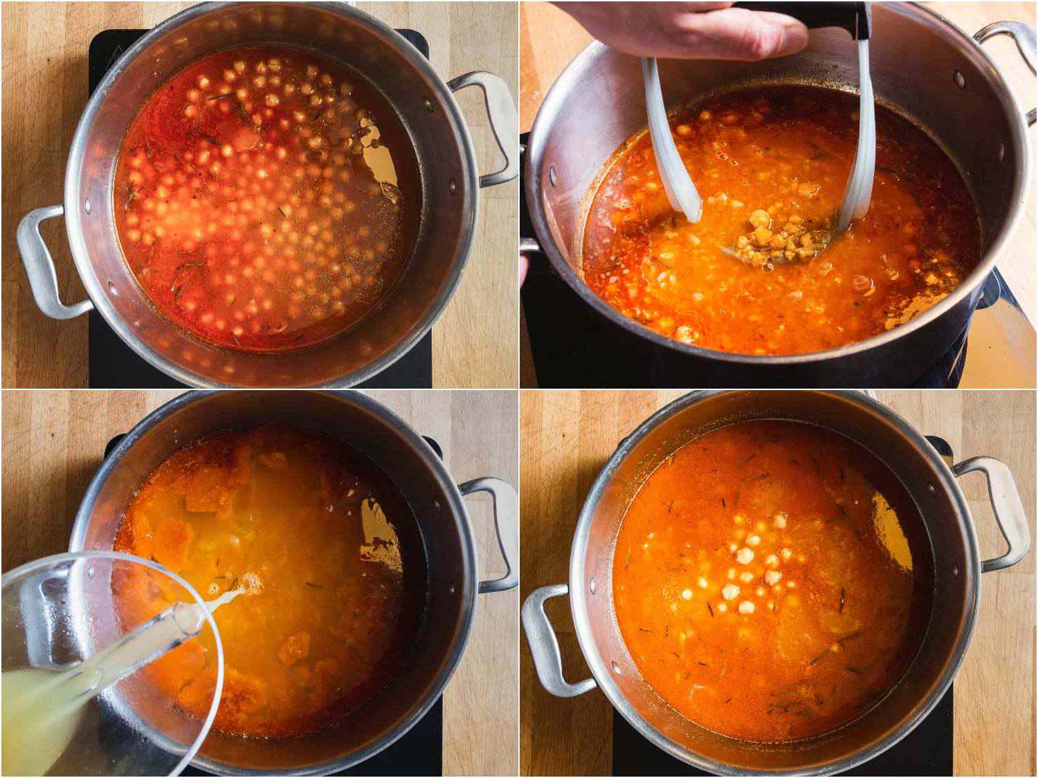 A four image collage. The top left image had chickpeas added to the pasta e ceci liquid. The top right shows a hand masher mashing the chickpeas in the pot. The bottom left shows chickpeas liquid being added to the contents of the pot. The bottom right show the mixture simmering in the pot.