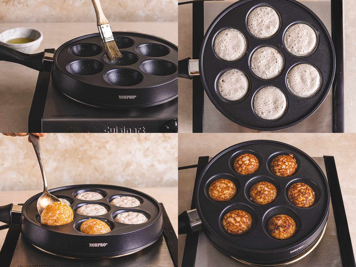 Four image collage of pan being wiped with oil, overhead view of batter added to pan, a spoon flipping one masa, and finished masa still in pan. 