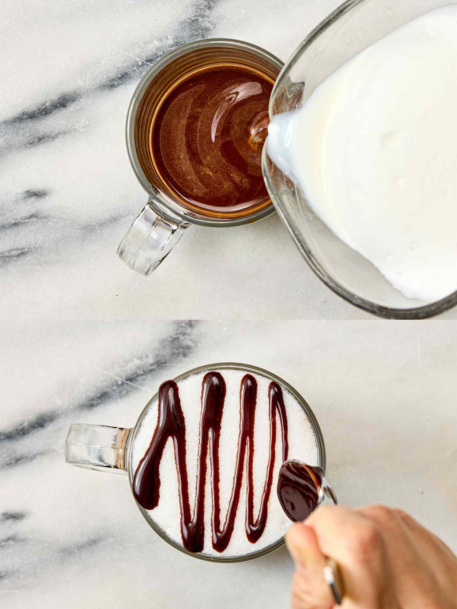 Pouring steamed milk into a cup of chocolate espresso followed by chocolate syrup being drizzled to finish the drink