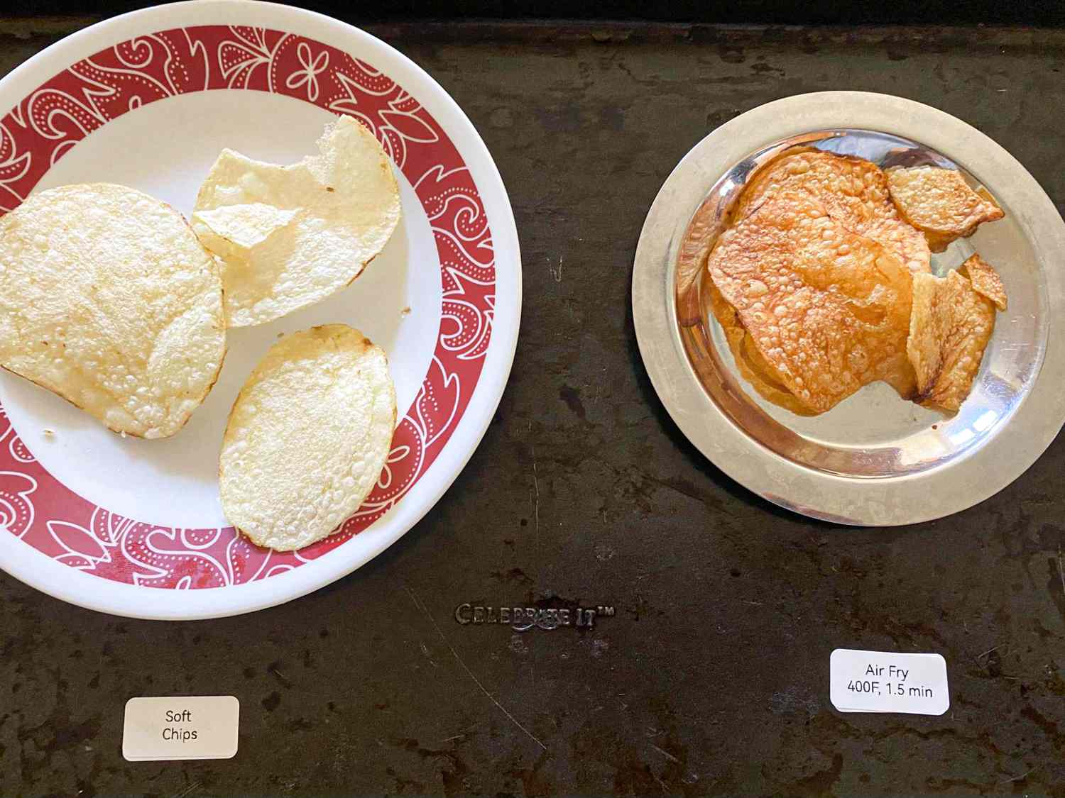 Two plates of chips: One labeled "soft chips" and the other labeled "Air Fry 400F, 1.5 min"