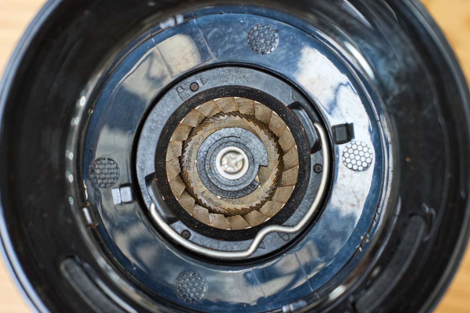 An overhead view of the blades inside the OXO Brew Conical Burr Coffee Grinder With Integrated Scale
