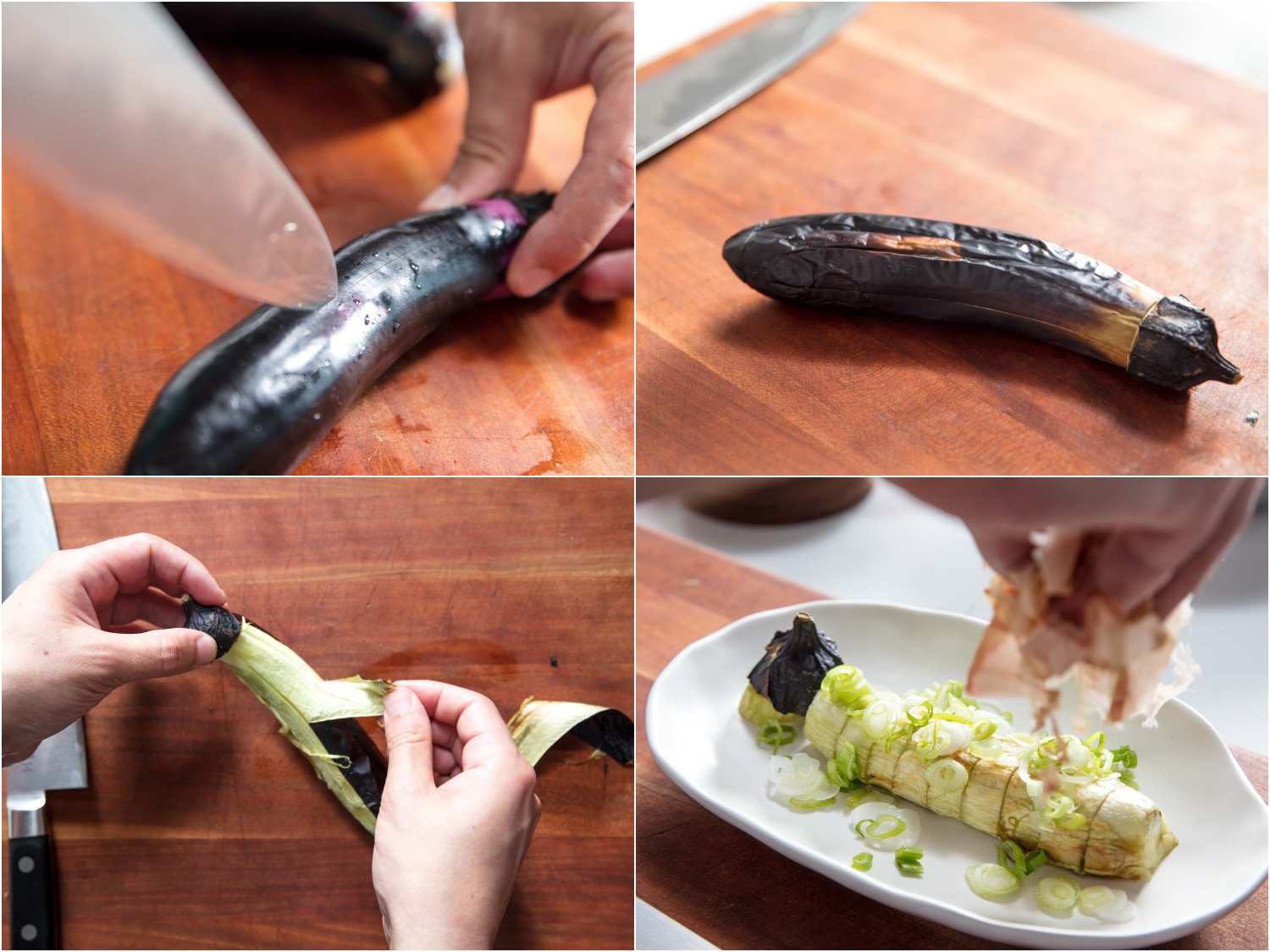 Stages of making Japanese broiled eggplants: scoring a slender Japanese eggplant, eggplant once roasted, peeling the eggplant, garnishing sliced eggplant with scallions and katsuobushi