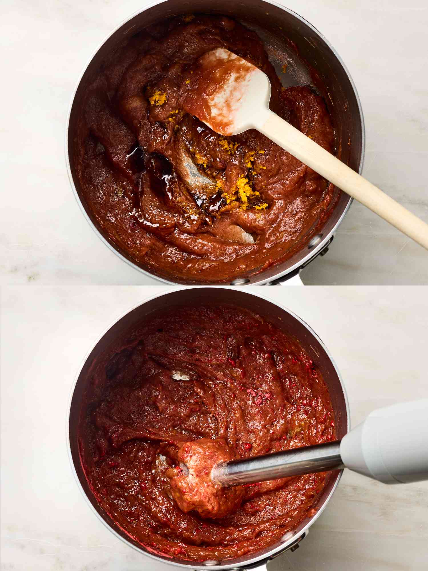 Two Image collage. Top: mixing orange zest, vanilla and salt. Bottom: blending mixture with immersion blender 